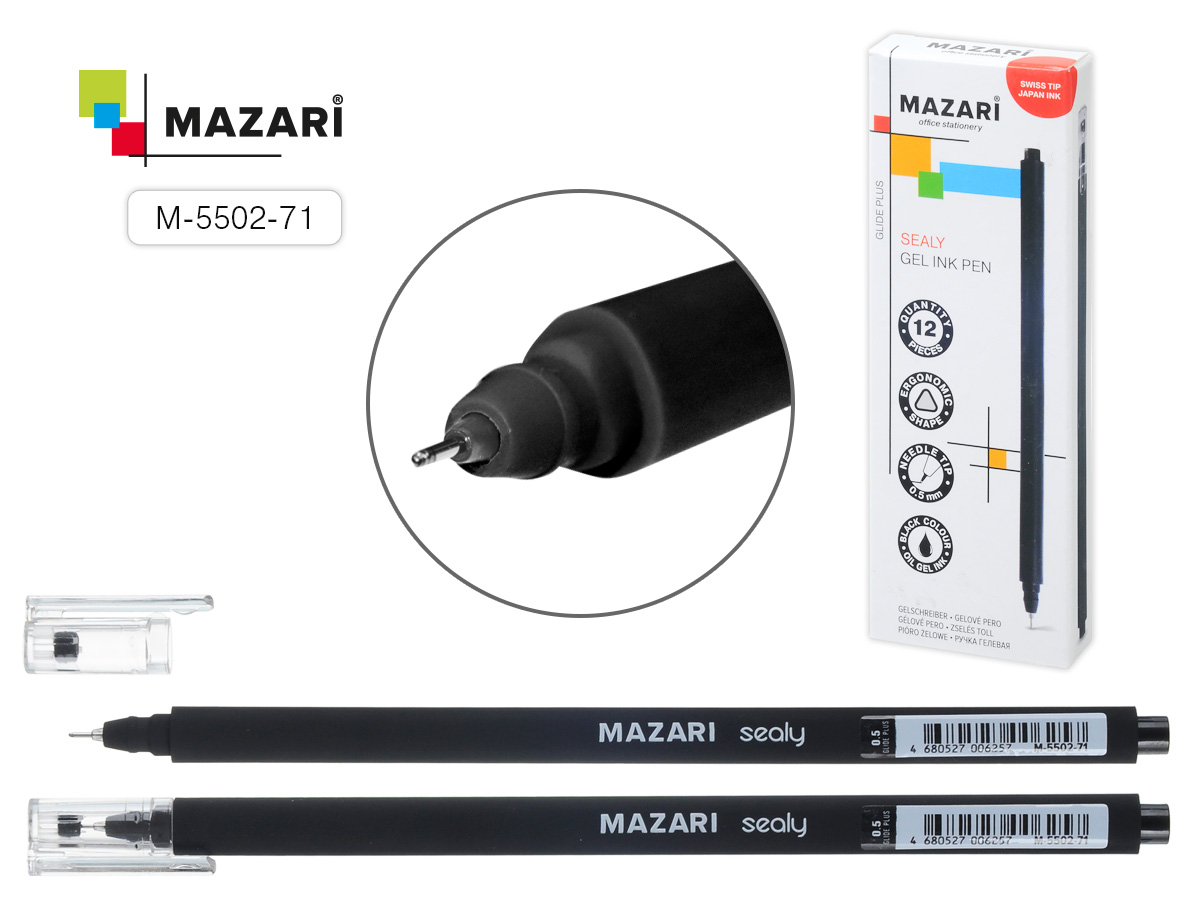 Гелевая ручка Mazari 5502 трехгран. Soft покр. черная 1/12