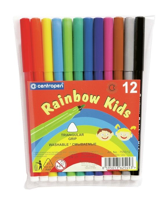 Фломастеры 12цв Centropen смыв. "Raunbow Kids" 7550 ПВХ конверт 1/12