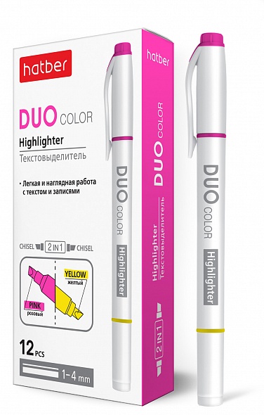 Текстовыделитель Hatber Duo 2-х цвет желтый/ розовый 059576 1/12