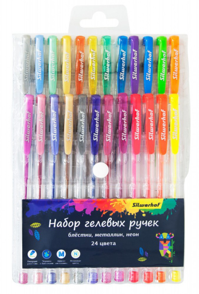 Набор гелевых ручек 24цв блестки, металик, неон Silwerhof 026181
