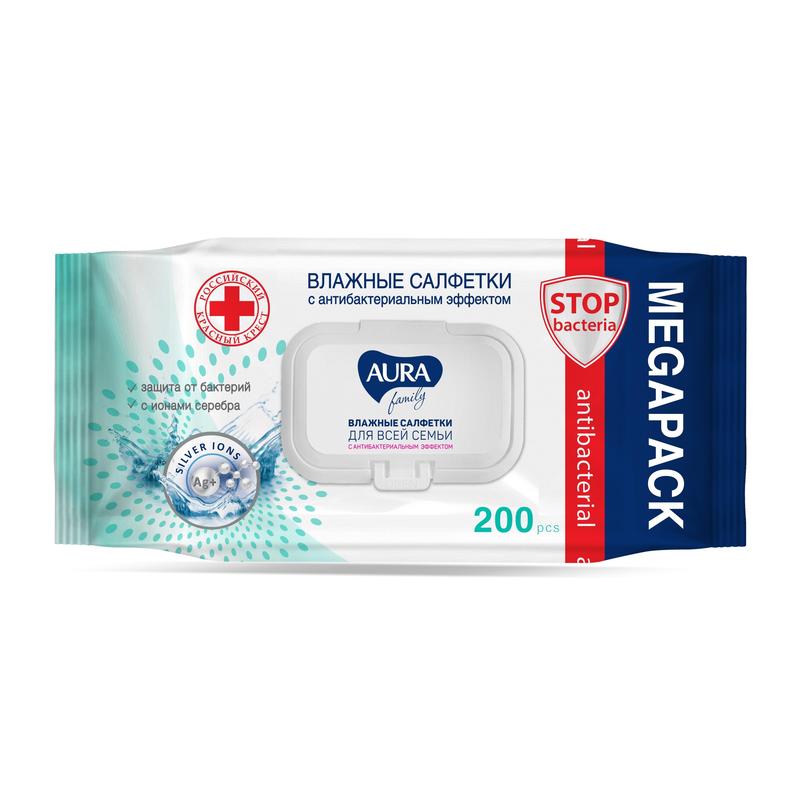 Салфетки влажные 200шт AURA Family антибакт. с крышкой, 33542, 1/12