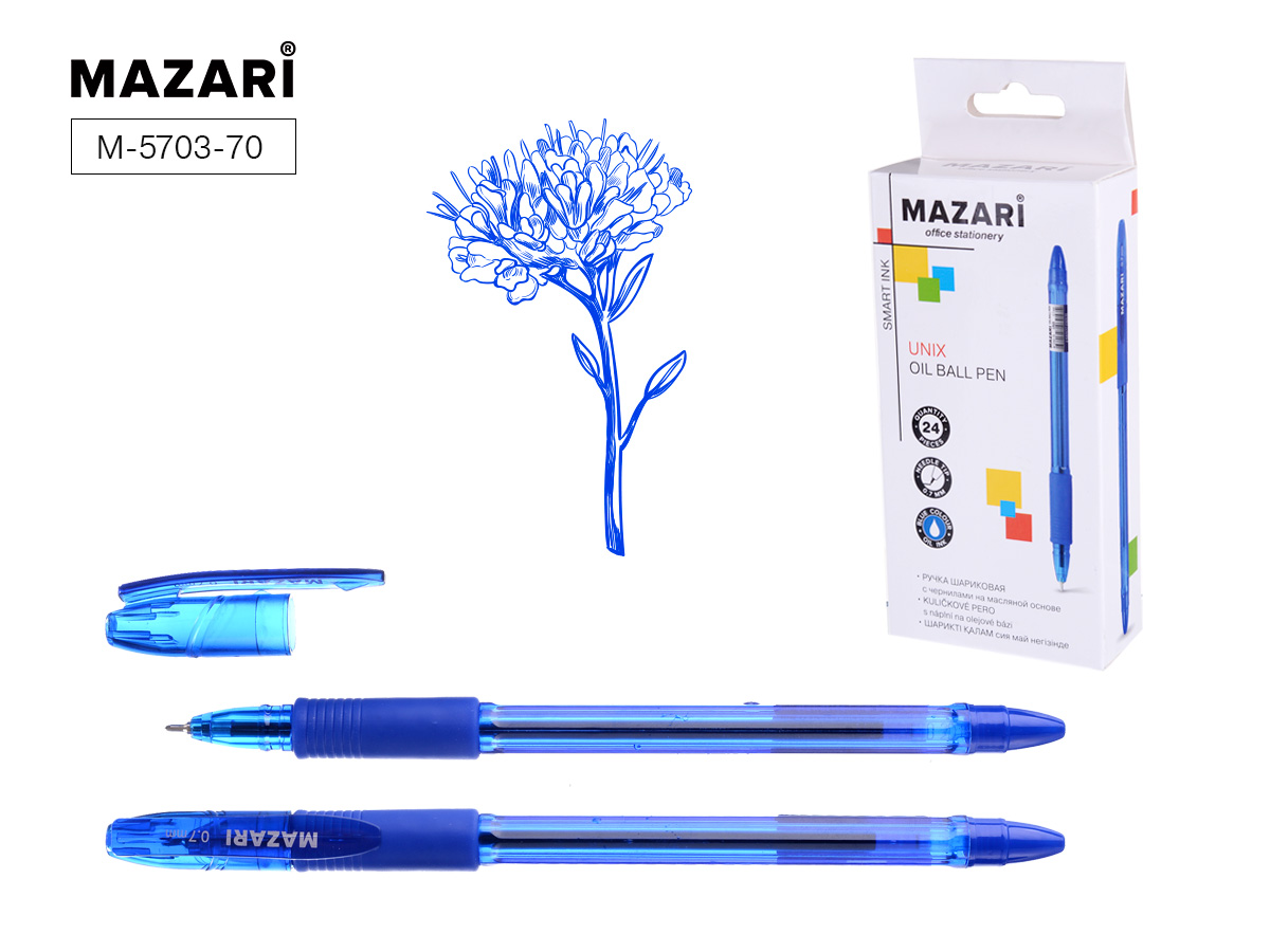 Масляная ручка Mazari 5703 резин. держ. игольч. нак. синяя 1/24