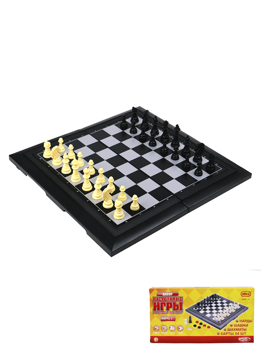 Игра 4 в 1 шахматы, нарды, шашки, карты 54шт, 1035308 магнит.поле 29см