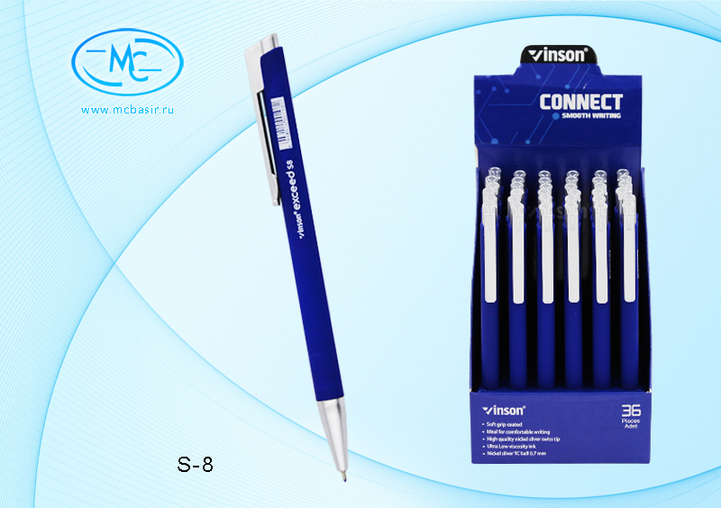 Авторучка масляная Vinson connect S-8 синяя 1\36