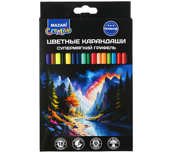 Карандаши 18цв Mazari 3-гран супер мягкие 7095-18, 7051 1/8