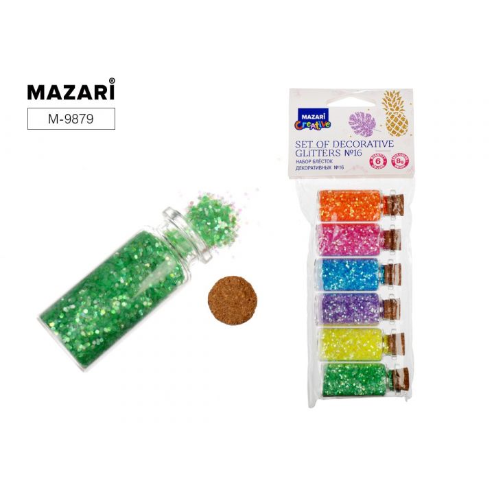 Набор блесток декор 6цв в баночках 10г Mazari 9878, 9879, 9880 1/12 