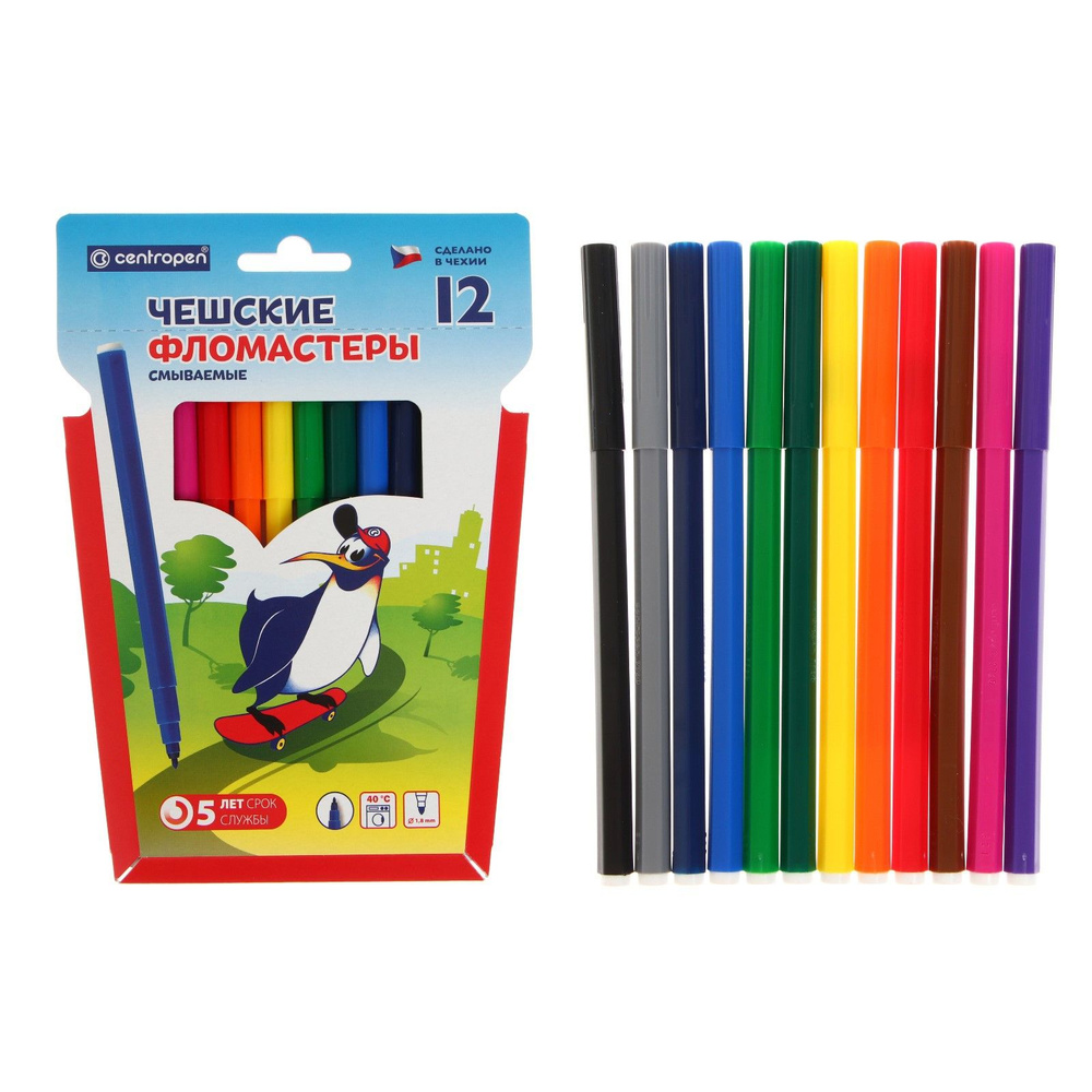 Фломастеры 12цв Centropen смыв. 7790 картон пингвины 1/10